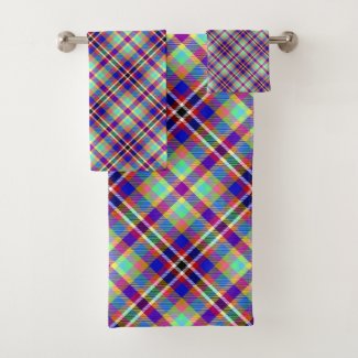 Rainbow color palette mix, retro tartan, buffalo bath towel set