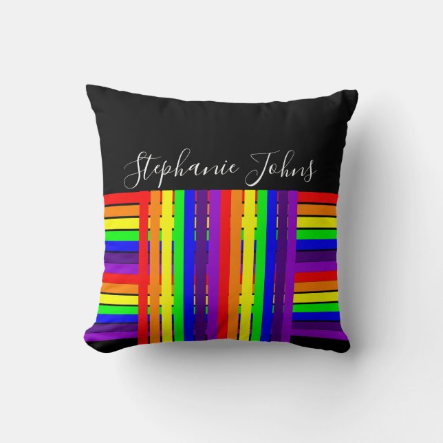 Rainbow Color Stripes Black White Unique Monograms Throw Pillow (Front)