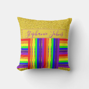 Rainbow Color Stripes Gold Glitter Name Wedding Outdoor Pillow