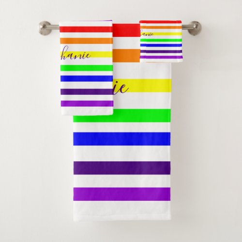 Rainbow Color Stripes Lines Cute Monogram Colorful Bath Towel Set