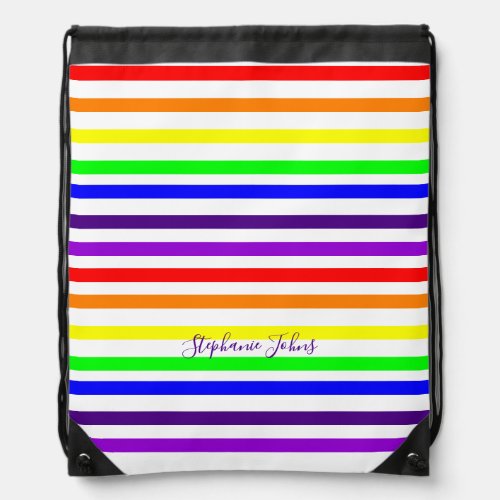 Rainbow Color Stripes Lines Cute Monograms Name Drawstring Bag