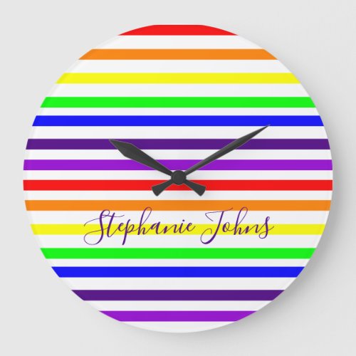 Rainbow Color Stripes Lines Cute Monograms Name Large Clock