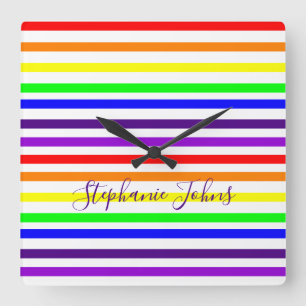 Rainbow Color Stripes Lines Monogram Name Colorful Square Wall Clock