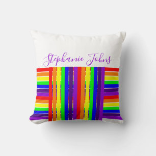 Rainbow Color Stripes White Unique Monogram Name Throw Pillow