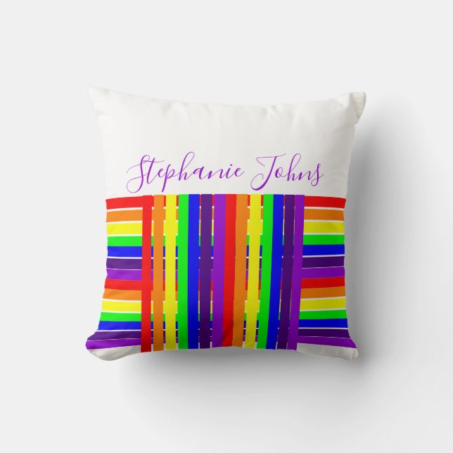 Rainbow Color Stripes White Unique Monogram Name Throw Pillow (Front)