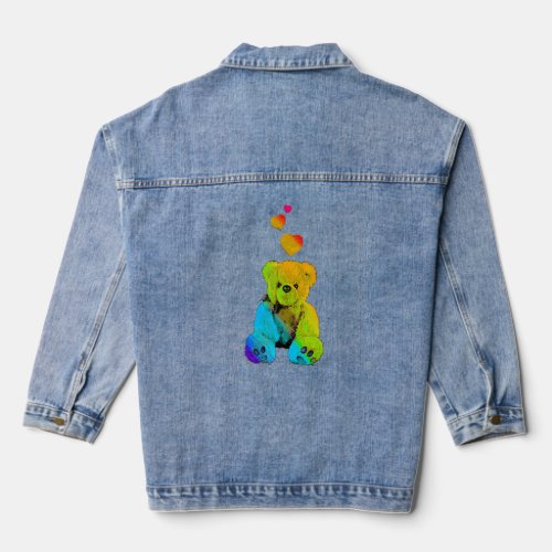 Rainbow Color Teddy Bear with Hearts Colorful  Denim Jacket