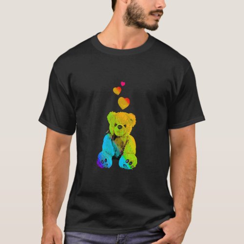 Rainbow Color Teddy Bear with Hearts Colorful  T_Shirt