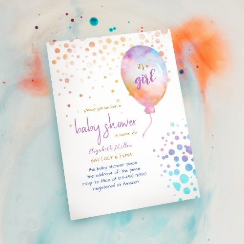 Rainbow Color Watercolor Balloon Baby Girl Shower Invitation