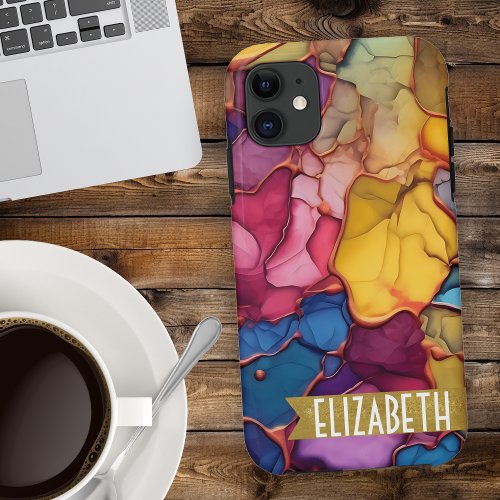 Rainbow Colored and Gold Ink Wash Personalized iPhone 11 Case