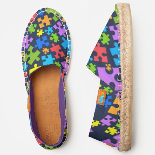 Rainbow Colored Autism Puzzle Pieces on NAVY Espadrilles