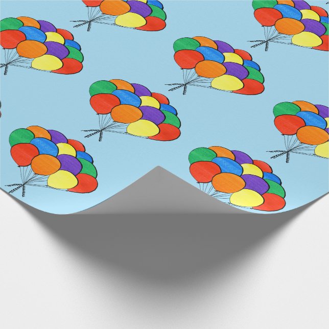 Rainbow Colored Balloon Bunches on Light Blue Wrapping Paper (Corner)