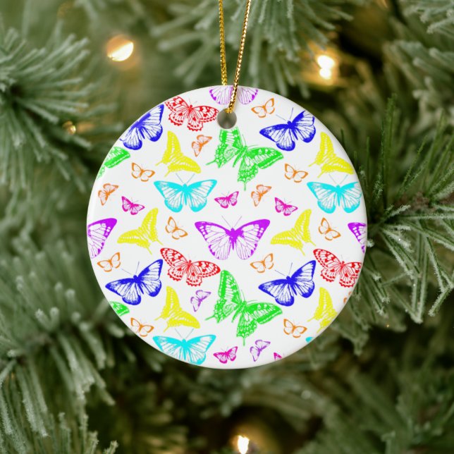Rainbow Colored Butterflies Flying Ceramic Ornament (Tree)