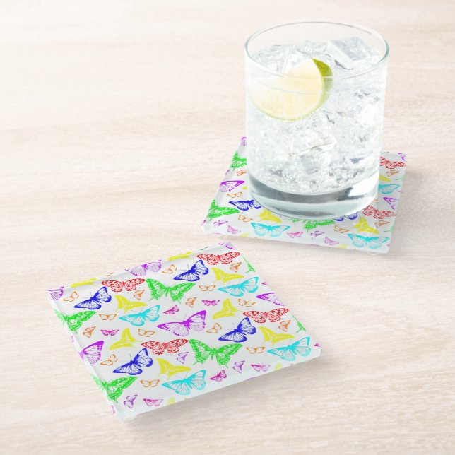 Rainbow Colored Butterflies Flying Glass Coaster (Angled)