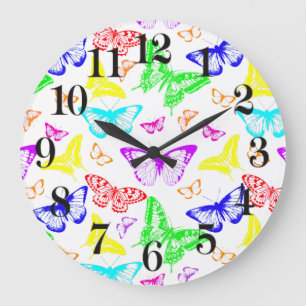 Rainbow Colored Butterflies Flying Large Clock