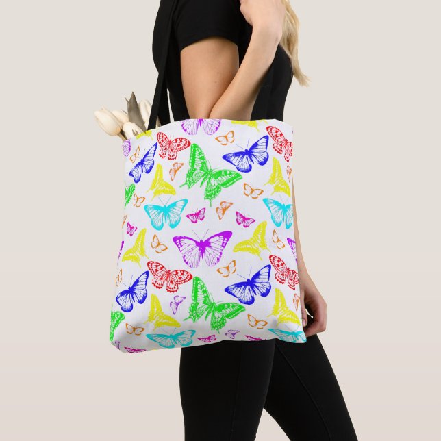 Rainbow Colored Butterflies Flying Tote Bag (Close Up)