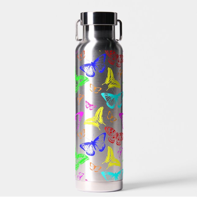Rainbow Colored Butterflies Flying Water Bottle (Front)