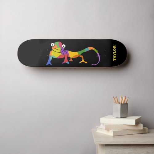 Rainbow Colored Cartoon Chameleon Personalized Skateboard