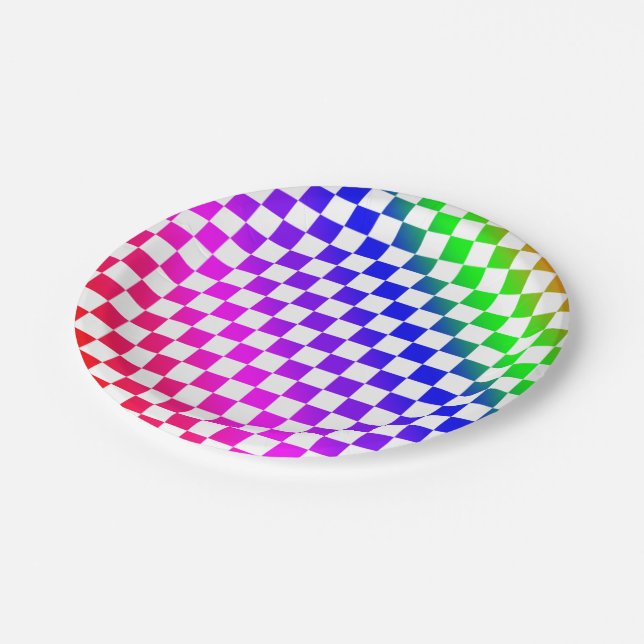 Rainbow Colored Checkered Pattern Paper Plates (Angled)