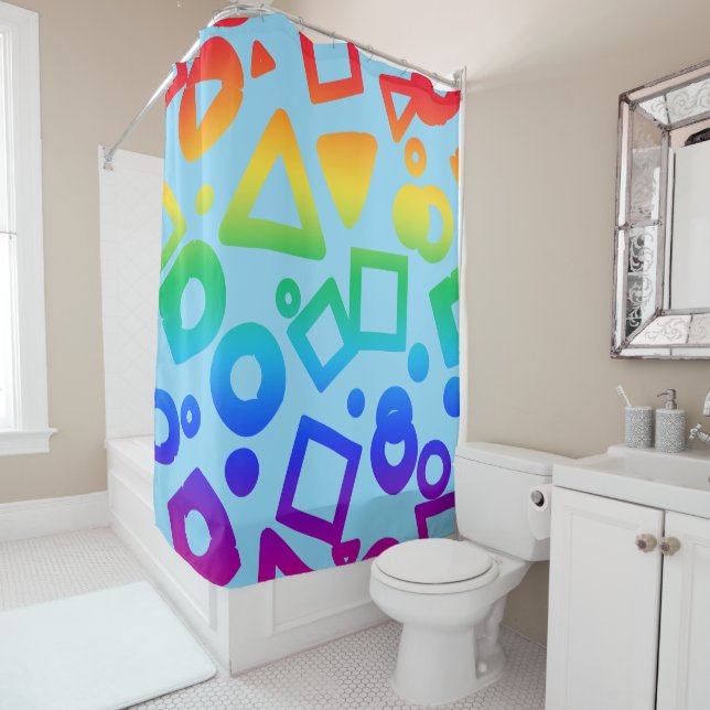 Rainbow colored cubics light blue shower curtain (In Situ)