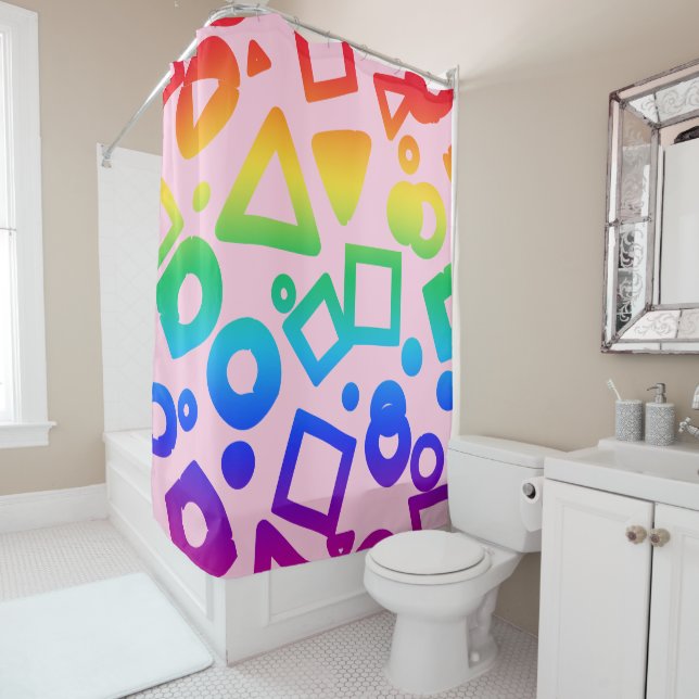 Rainbow colored cubics pink background shower curtain (In Situ)