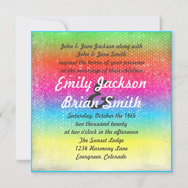 Rainbow colored distressed wedding invitations (Front)