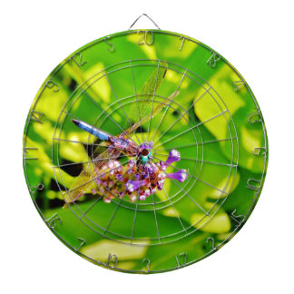 Rainbow colored Dragonfly on a purple pink flower Dart Board
