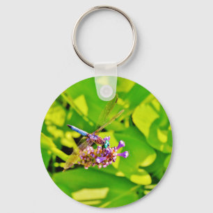 Rainbow colored Dragonfly on a purple pink flower Keychain