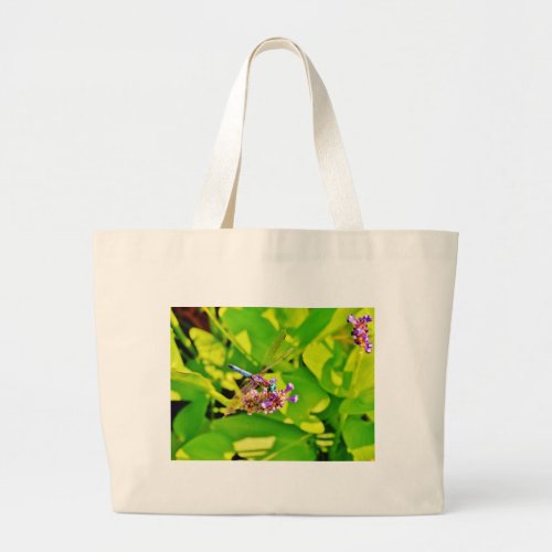 Rainbow colored Dragonfly  on a purple pink flower Large Tote Bag