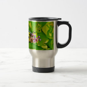 Rainbow colored Dragonfly on a purple pink flower Travel Mug