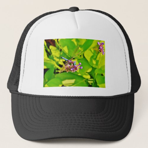Rainbow colored Dragonfly  on a purple pink flower Trucker Hat