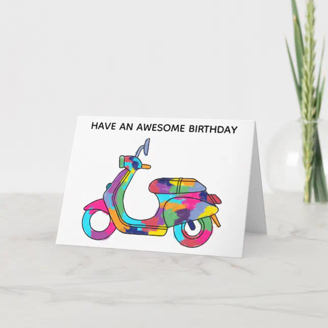 Rainbow Colored Electric Motor Scooter Birthday Card | Zazzle