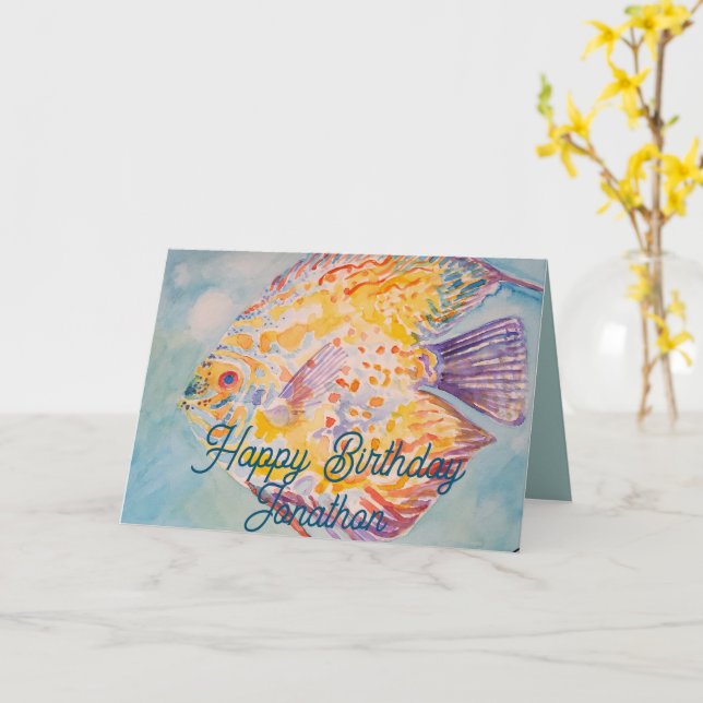 Rainbow Colored Fish Watercolour Birthday Card (Yellow Flower)