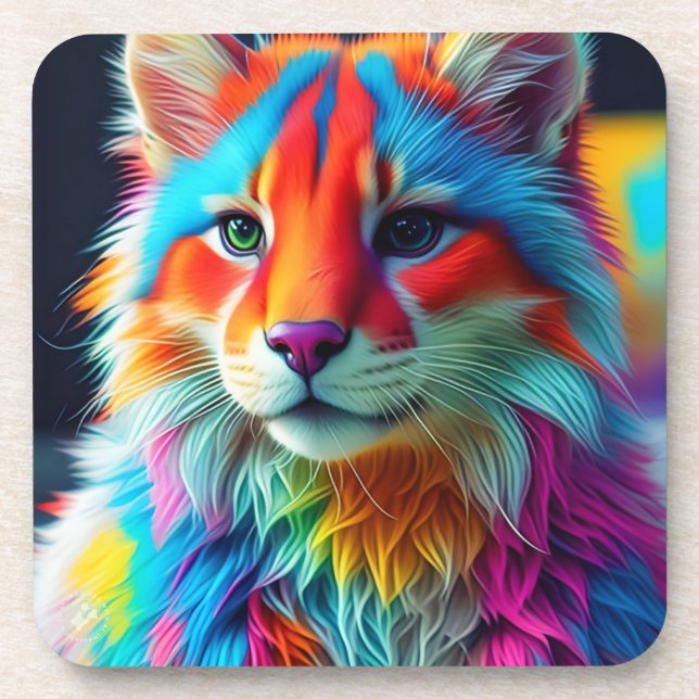 Rainbow Colored Furry Cat-68587 Beverage Coaster (Front)