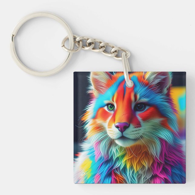 Rainbow Colored Furry Cat-68587 Keychain (Front)