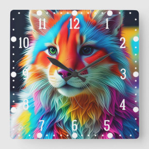 Rainbow Colored Furry Cat-68587 Square Wall Clock