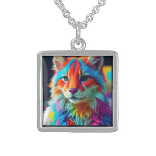 Rainbow Colored Furry Cat-68587 Sterling Silver Necklace