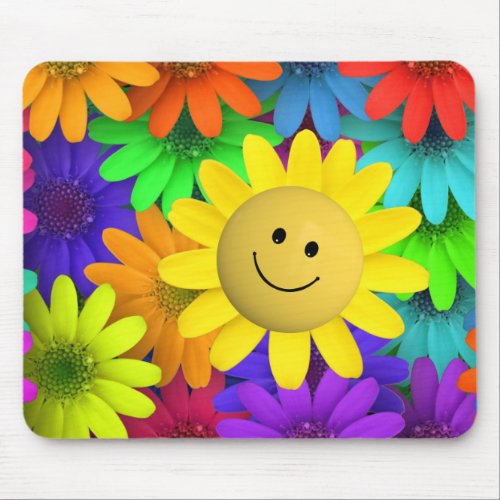 Rainbow Colored Happy Face Flowers Mouse Pad
