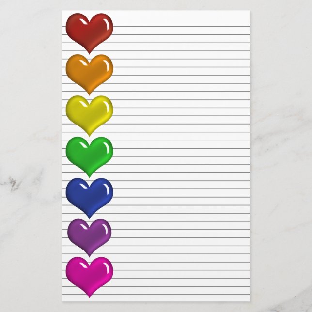 Rainbow Colored Hearts optional lines stationery (Front)