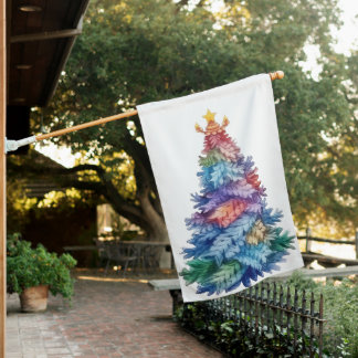 RAINBOW COLORED HOLIDAY CHRISTMAS TREE HOUSE FLAG