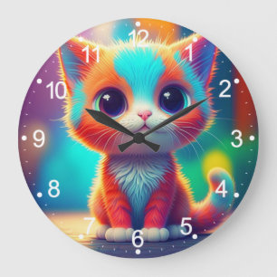 Rainbow Colored Kitten Cartoon Design-68677 Large Clock