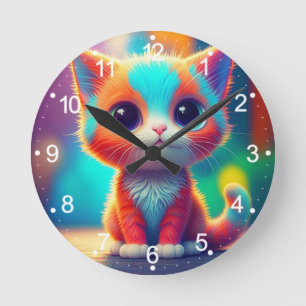 Rainbow Colored Kitten Cartoon Design-68677 Round Clock