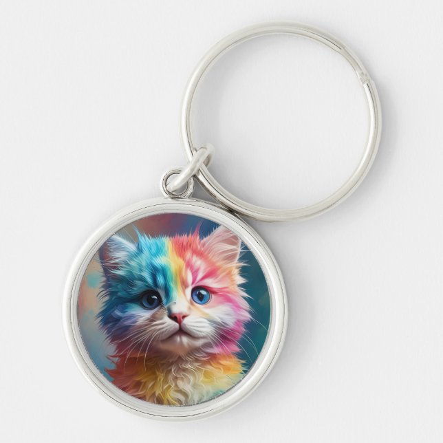 Rainbow Colored Kitten Potrait-65098 Keychain (Front)