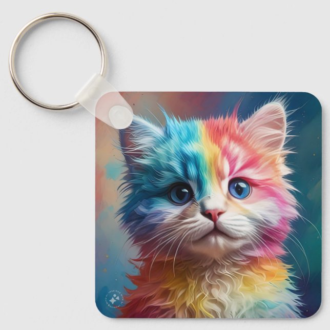 Rainbow Colored Kitten Potrait-65098 Keychain (Front)