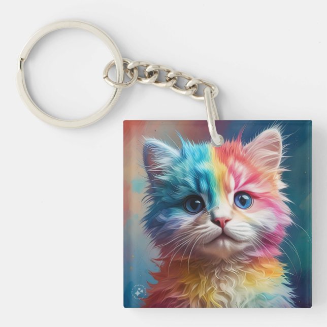 Rainbow Colored Kitten Potrait-65098 Keychain (Front)