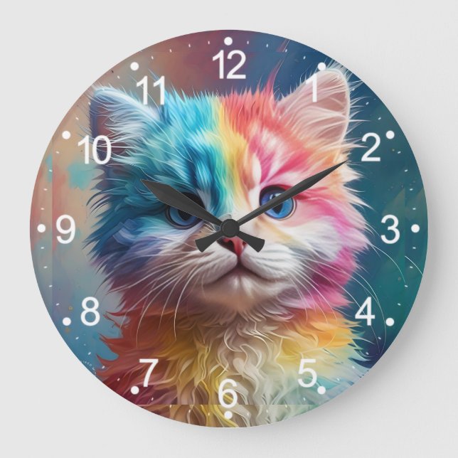 Rainbow Colored Kitten Potrait-65098 Large Clock (Front)