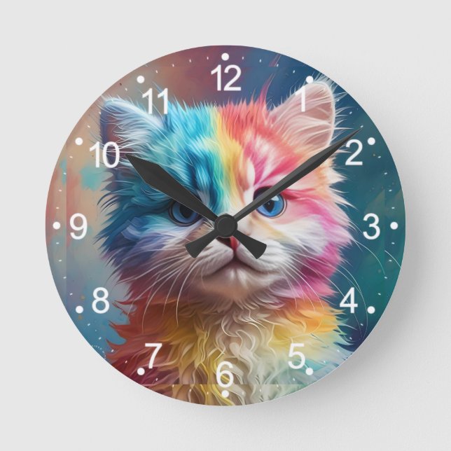 Rainbow Colored Kitten Potrait-65098 Round Clock (Front)
