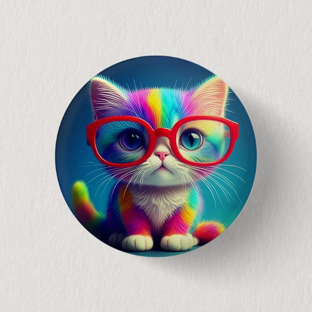 Rainbow Colored Kitten Wearing Glasses-46568 Button (Front)