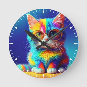 Rainbow Colored Kitten Wearing Glasses-57466 Round Clock