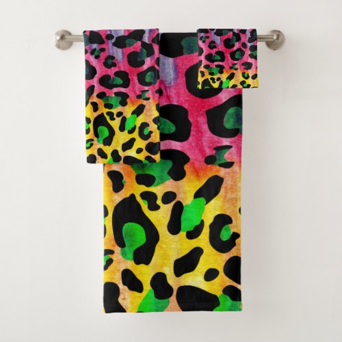 Rainbow colored leopard fur print wildlife cats bath towel set