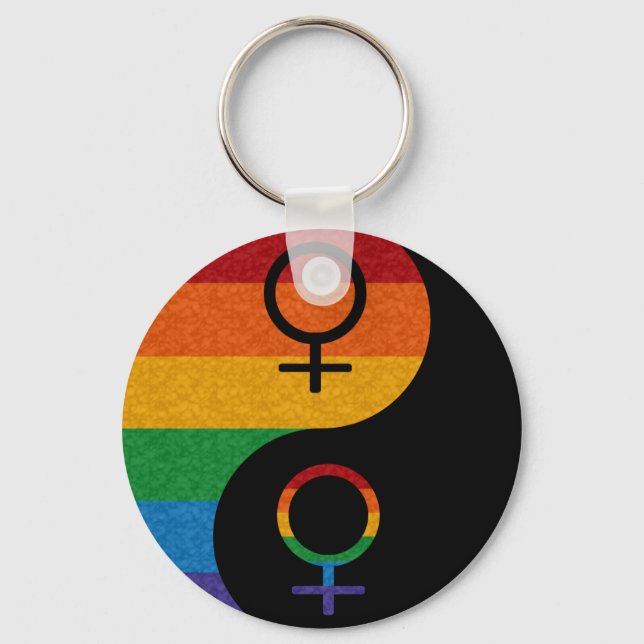 Rainbow Colored Lesbian Pride Yin and Yang  Keychain (Front)